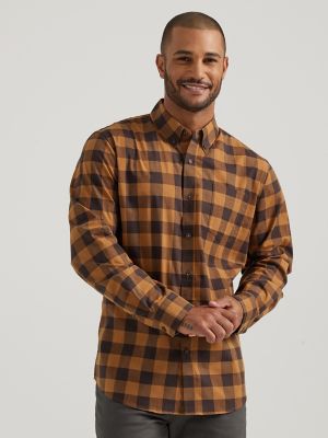 Men's Poplin Long Sleeve Plaid Shirt in Tobacco