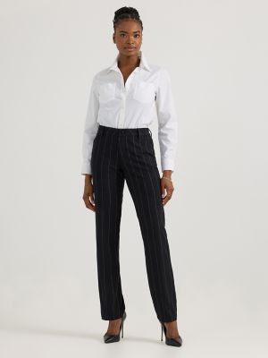 Women's Wrinkle Free Relaxed Fit Straight Leg Pant in Black Pinstripe main view