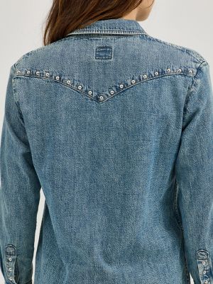 Women's Studded Working Western Denim Shirt in Setting Sun alternative view 4