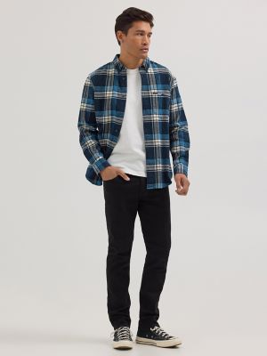 Men's Relaxed Fit Riveted Plaid Button Down Shirt in Inky Blue alternative view 2
