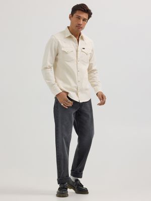 Men's Western Herringbone Snap Shirt in Ecru Herringbone