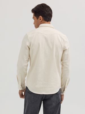 Men's Western Herringbone Snap Shirt in Ecru Herringbone