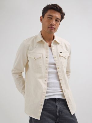 Men's Western Herringbone Snap Shirt in Ecru Herringbone