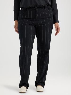 Women's Wrinkle Free Relaxed Fit Straight Leg Pant (Plus) in Black Pinstripe