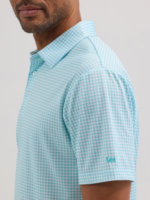 Men's Golf Series Plaid Polo Shirt in Aqua Sky alternative view 3