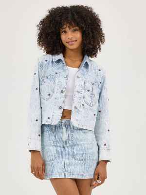 Women's Floral Embroidered Crop Chore Jacket