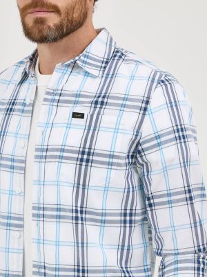 Men's Extreme Motion All Purpose Plaid Button Down Shirt in Orion Blue White Plaid alternative view 2