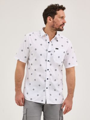 Men's Extreme Motion All Purpose Short Sleeve Print Button Down Shirt in  White Geometric Dot