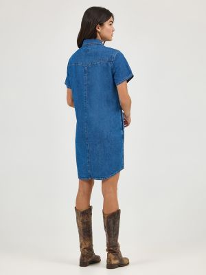 Women's Short Sleeve Western Denim Button Down Dress in Day Glow alternative view