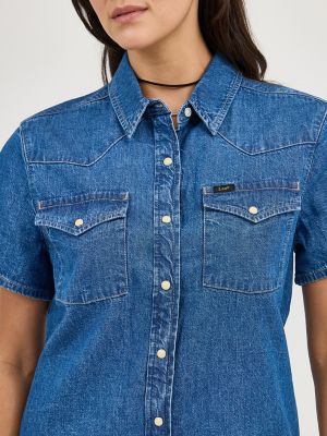 Women's Short Sleeve Western Denim Button Down Dress in Day Glow alternative view 3