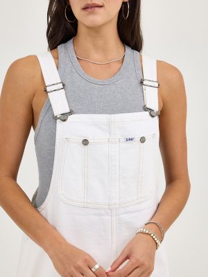 Women's Loose Bib Denim Overall Dress in Ecru alternative view 3