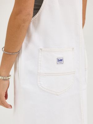 Women's Loose Bib Denim Overall Dress in Ecru alternative view 4