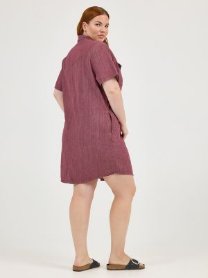 Women's Short Sleeve Western Denim Button Down Dress (Plus) in Redwood alternative view