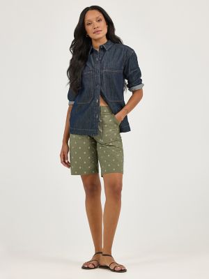 Women's Ultra Lux Comfort with Flex-To-Go Relaxed Fit Utility Bermuda in Olive Grove Block Print