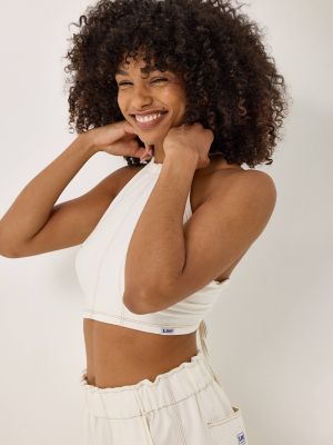 Women's Backless Tie Halter Tank in Ecru Herringbone alternative view