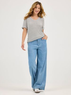 Women's Cuff Sleeve Stripe V-Neck Tee in Bright White alternative view 3