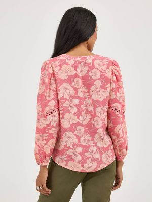 Women's Long Sleeve V-Neck Print Blouse in Lychee alternative view