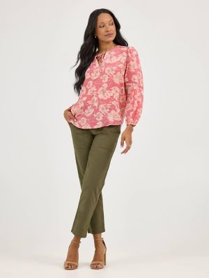 Women's Long Sleeve V-Neck Print Blouse in Lychee alternative view 3