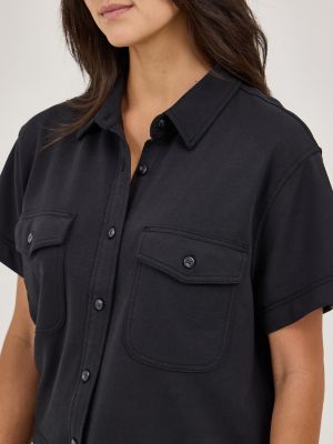 Women's Loose Crop Button Down Shirt in Unionall Black alternative view 2