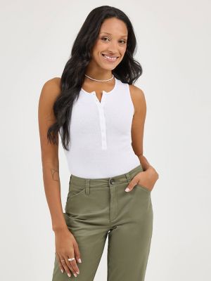 Women's Sleeveless Henley Button Front Bodysuit in Bright White alternative view