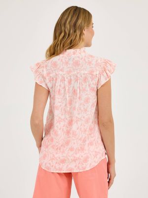 Women's Flutter Sleeve Print Blouse in Bright Papaya alternative view