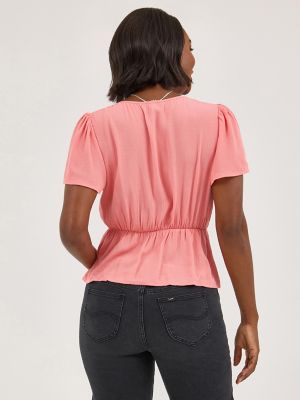 Women's Button Front Peplum Blouse in Bright Papaya alternative view