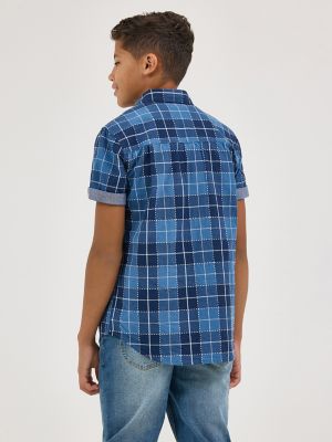 Boy's Chambray Plaid Button Down Shirt in Blue alternative view