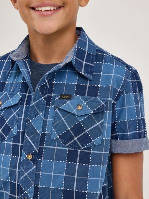 Boy's Chambray Plaid Button Down Shirt in Blue alternative view 2