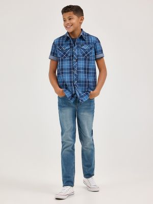 Boy's Chambray Plaid Button Down Shirt in Blue alternative view 3