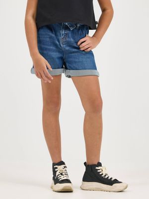 Girl's Belted Pleated Denim Short in Dragon Blue