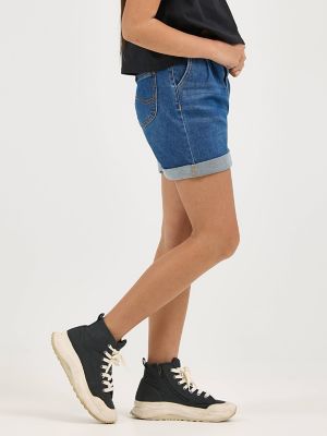 Girl's Belted Pleated Denim Short in Dragon Blue