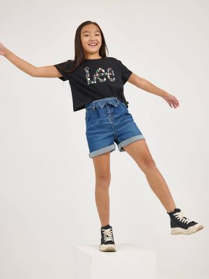 Girl's Belted Pleated Denim Short in Dragon Blue