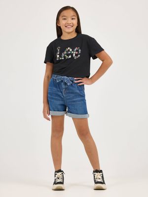 Girl's Belted Pleated Denim Short