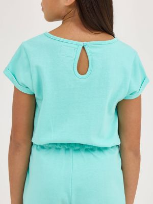 Girl's French Terry Roll Sleeve Romper in Aruba Blue alternative view 3