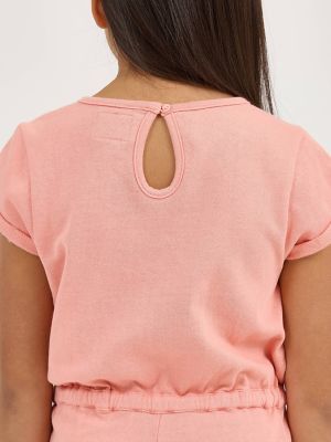 Girl's French Terry Roll Sleeve Romper in Peach alternative view 3