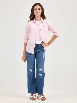Girl's Plaid Button Down Shirt in Almond Blossom alternative view 3