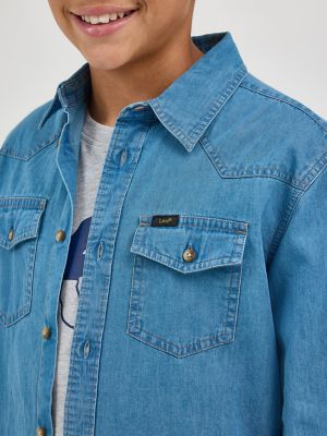 Boy's Western Denim Button Down Shirt in Medium Wash alternative view 2