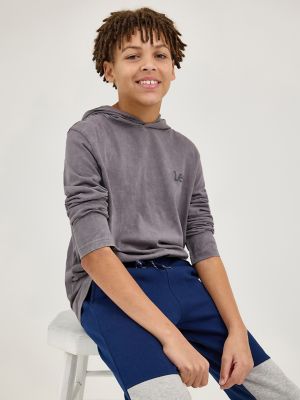 Boy's Oil Wash Hooded Jersey Logo Tee in Grey