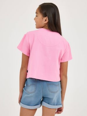 Girl's Drop Shoulder Crop Floral Logo Tee in Begonia Pink