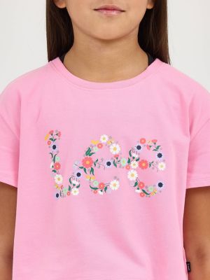 Girl's Drop Shoulder Crop Floral Logo Tee in Begonia Pink