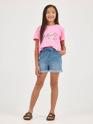 Girl's Drop Shoulder Crop Floral Logo Tee in Begonia Pink