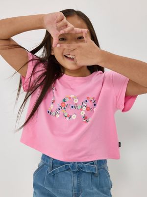 Girl's Drop Shoulder Crop Floral Logo Tee in Begonia Pink