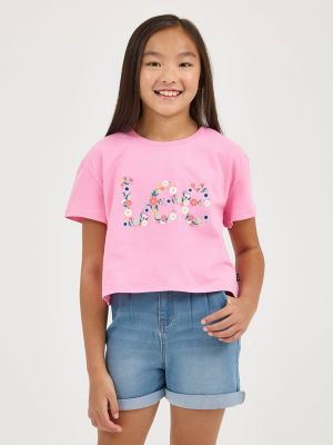 Girl's Drop Shoulder Crop Floral Logo Tee