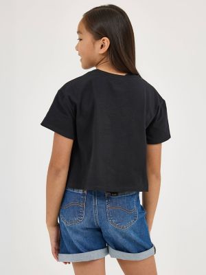 Girl's Drop Shoulder Crop Floral Logo Tee in Black alternative view