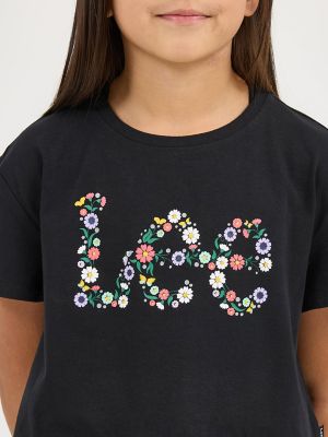 Girl's Drop Shoulder Crop Floral Logo Tee in Black alternative view 2