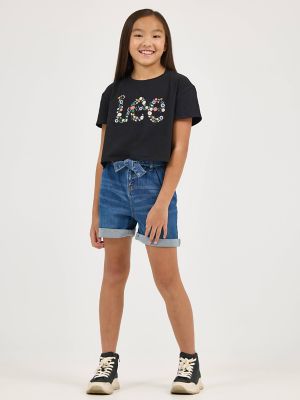 Girl's Drop Shoulder Crop Floral Logo Tee in Black alternative view 3