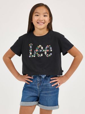 Girl's Drop Shoulder Crop Floral Logo Tee