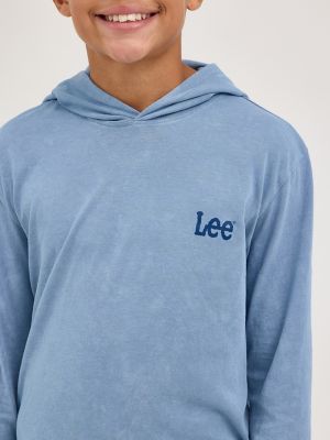 Boy's Oil Wash Hooded Jersey Logo Tee in Faded Denim alternative view 2