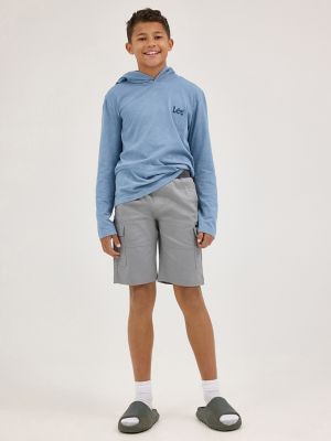 Boy's Oil Wash Hooded Jersey Logo Tee in Faded Denim alternative view 3