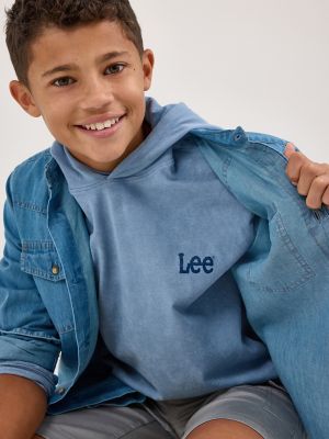Boy's Oil Wash Hooded Jersey Logo Tee in Faded Denim alternative view 4